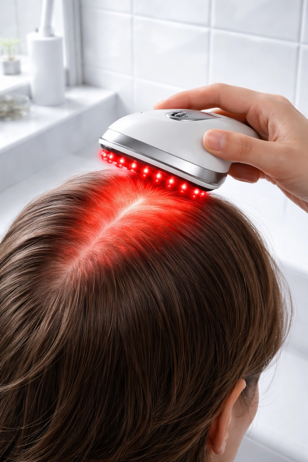 Red light therapy device near scalp emitting warm glow to support hair growth.