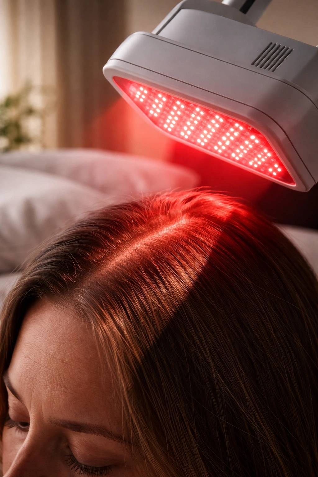 Close-up of scalp being exposed to red light with a device at an awkward angle to suggest inconsistent exposure