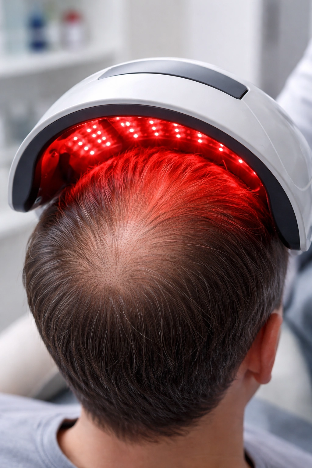 Red light therapy cap on scalp emitting red glow