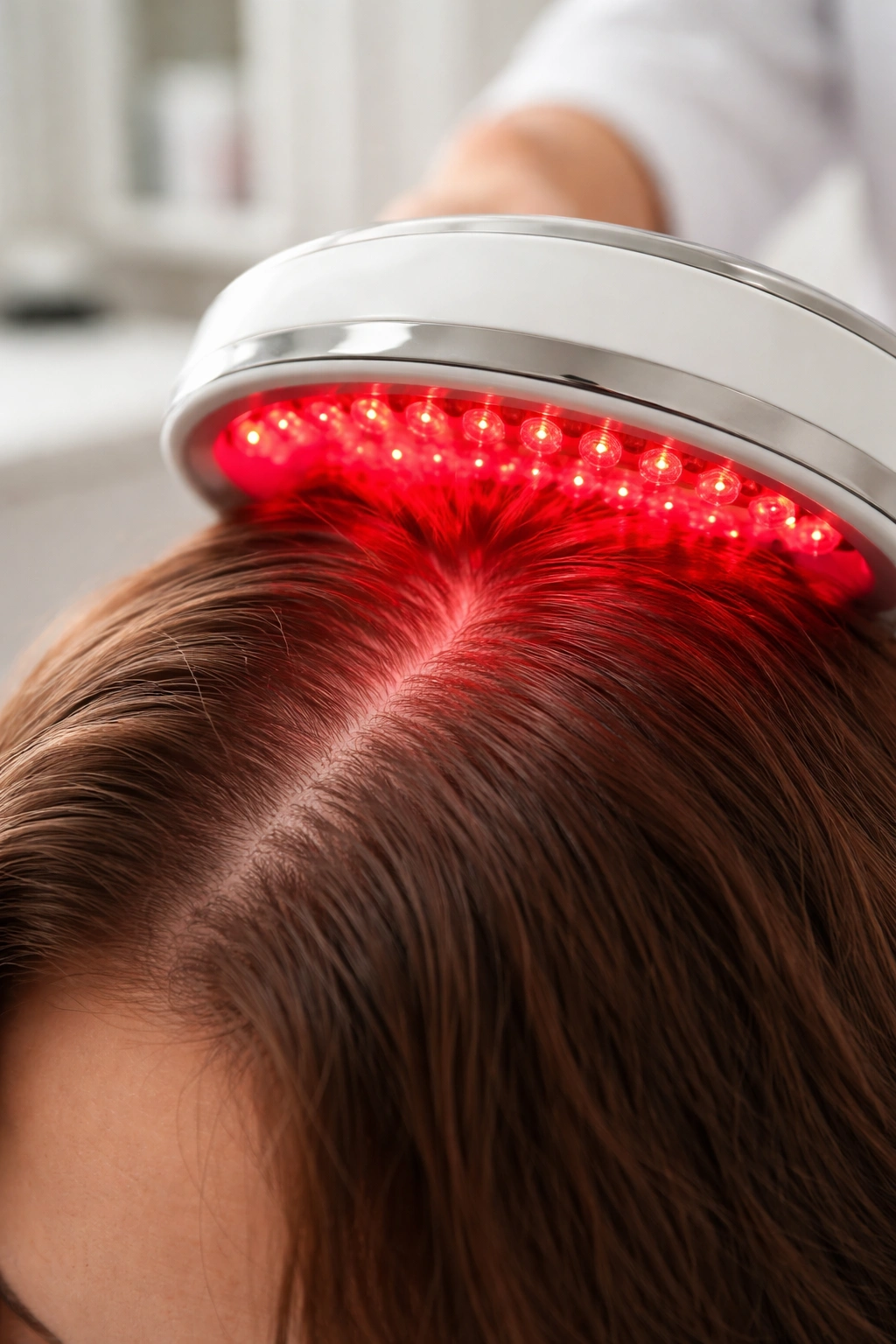 Close-up scalp under red light therapy for hair growth in a clinical setting