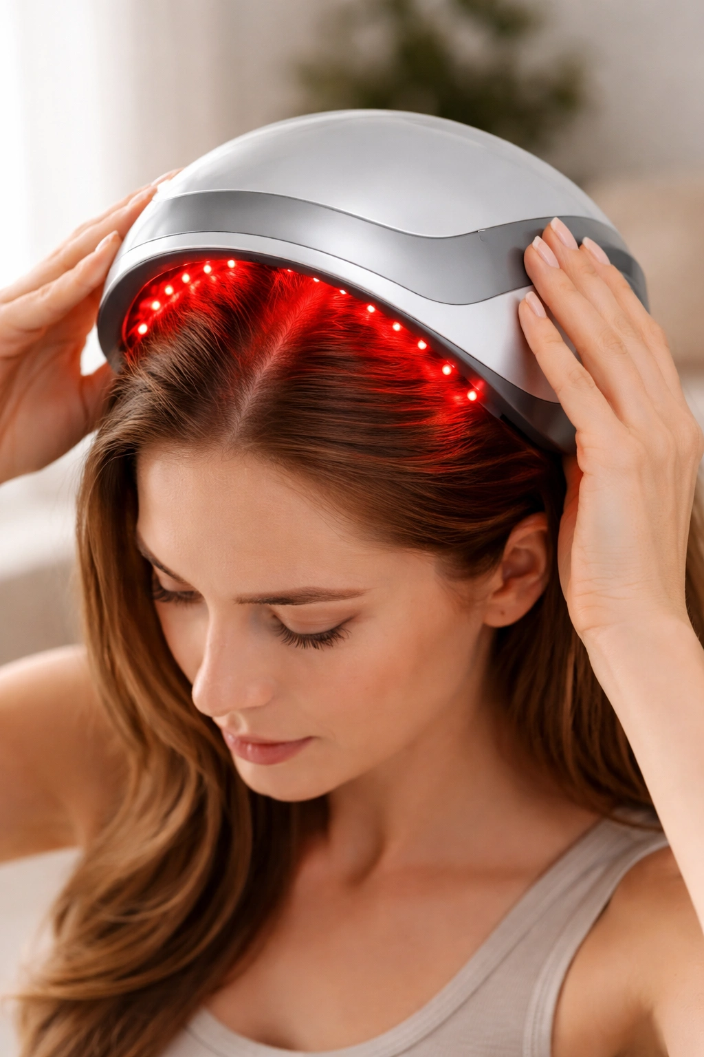 Close-up of red light therapy helmet on scalp with warm glow