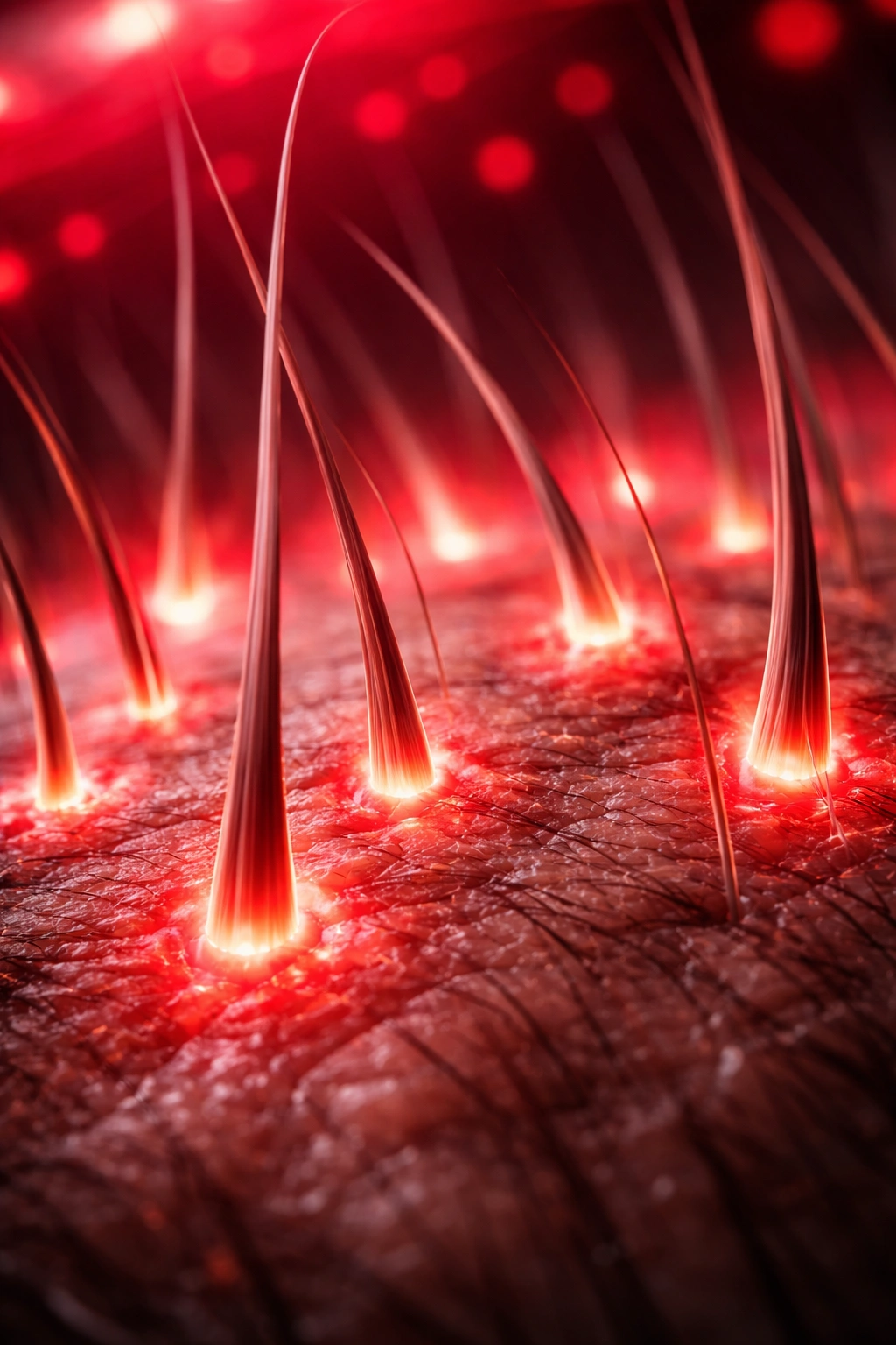 Macro view of scalp under red/near-infrared light highlighting hair follicles