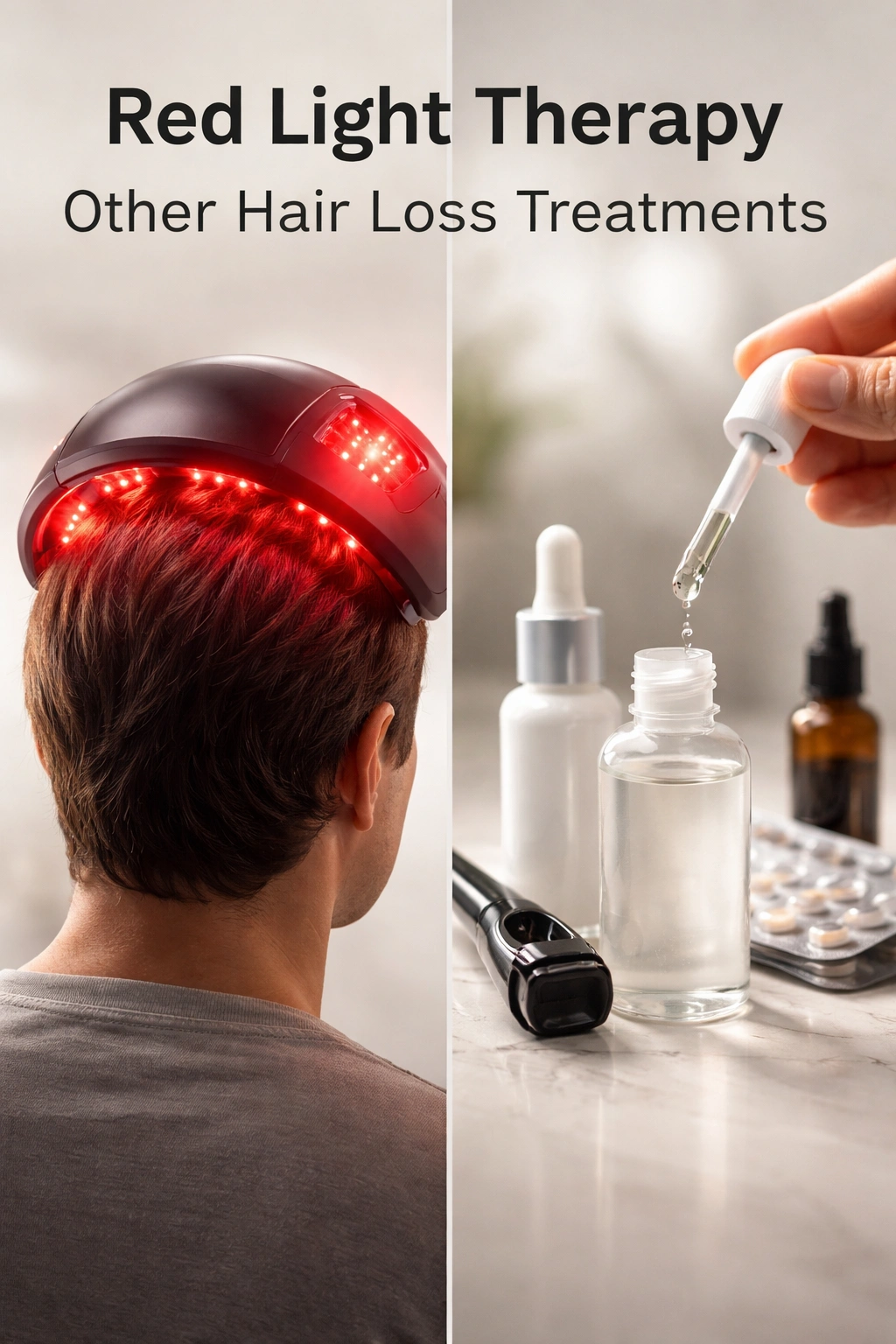 Split-screen comparison of red light helmet and topical treatment container