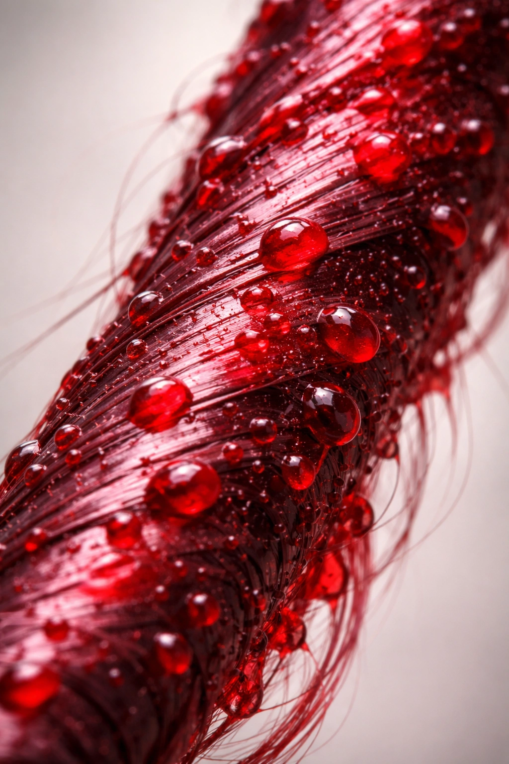 Hair strand with bright red pigment clinging to the cuticle.