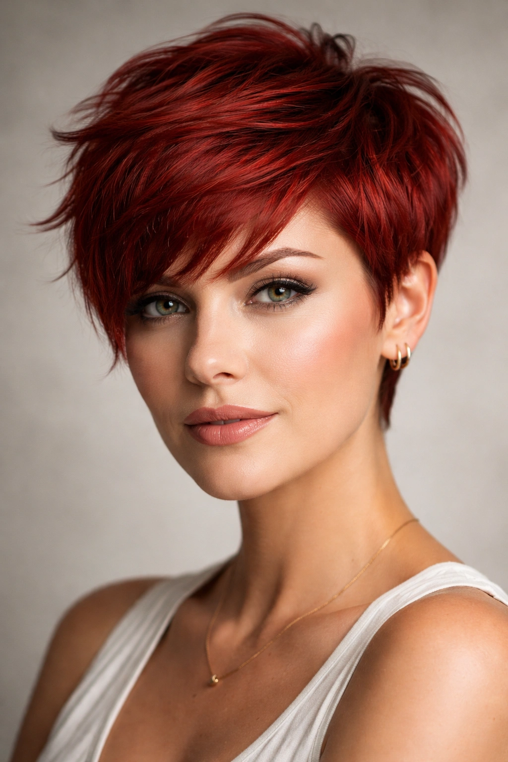 12 Short Red Haircuts That Always Turn Heads 1 Close-up of a person with a vivid red classic pixie cut featuring textured layers.