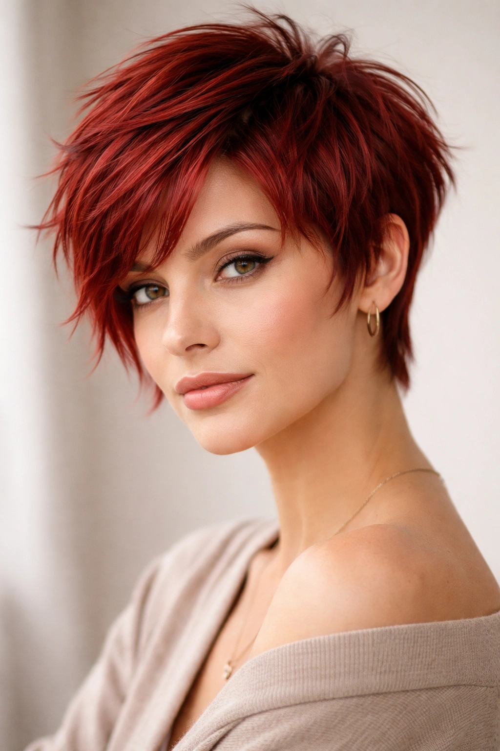 12 Short Red Haircuts That Always Turn Heads 10 Red feathered pixie with face-framing layers around the face in studio portrait.