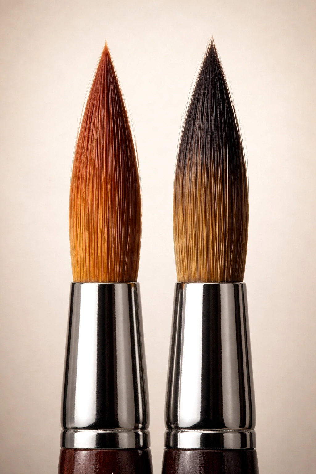Macro close-up of red sable and Kolinsky brush hairs side by side on a neutral background