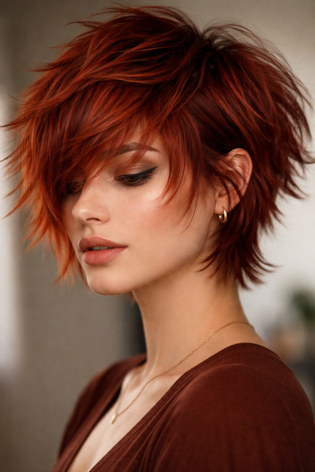 12 Short Red Haircuts That Always Turn Heads 5 Close-up of a red shaggy crop with multiple lengths and textured movement.