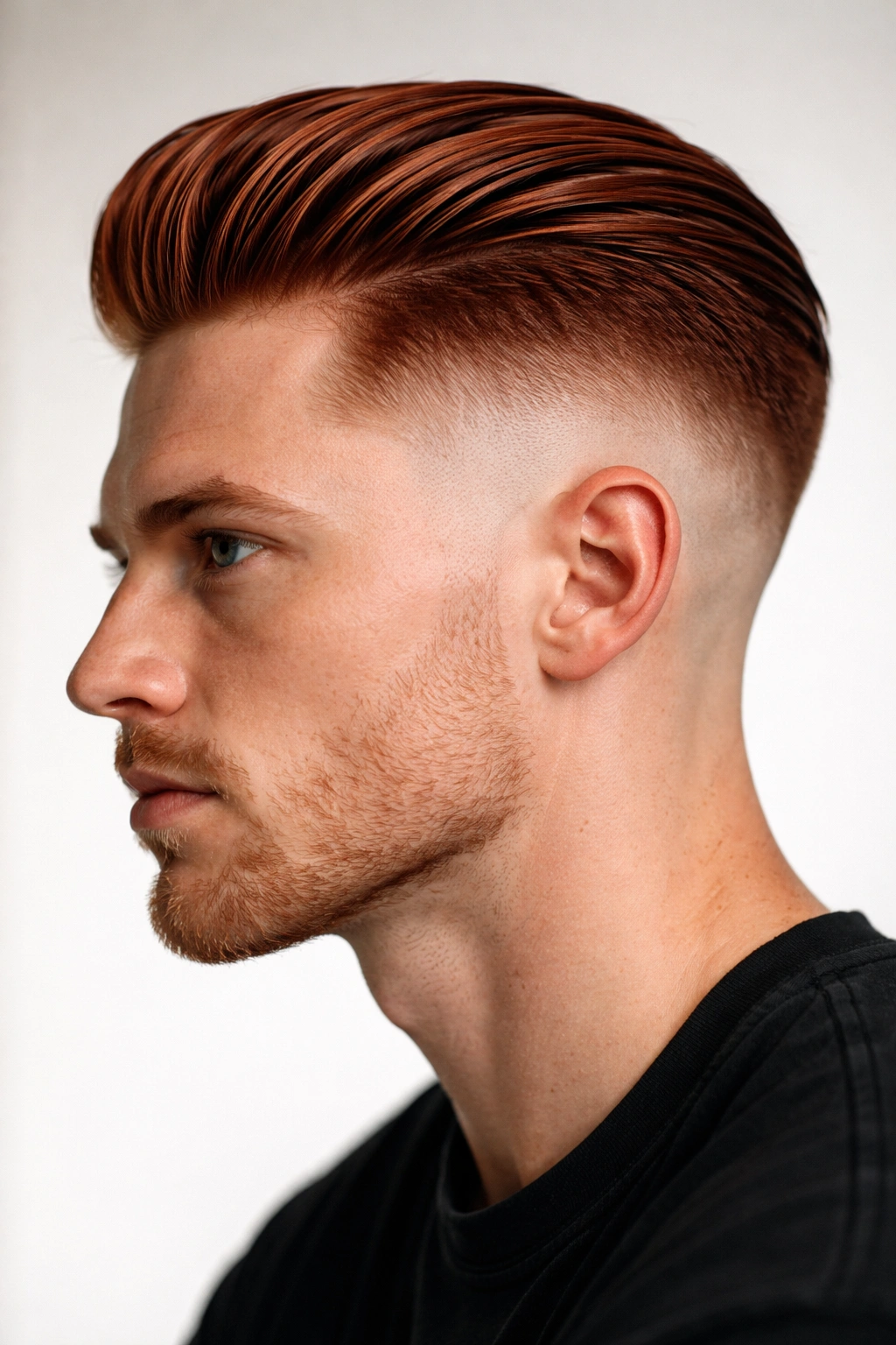 Side profile of a red-haired slicked-back undercut fade