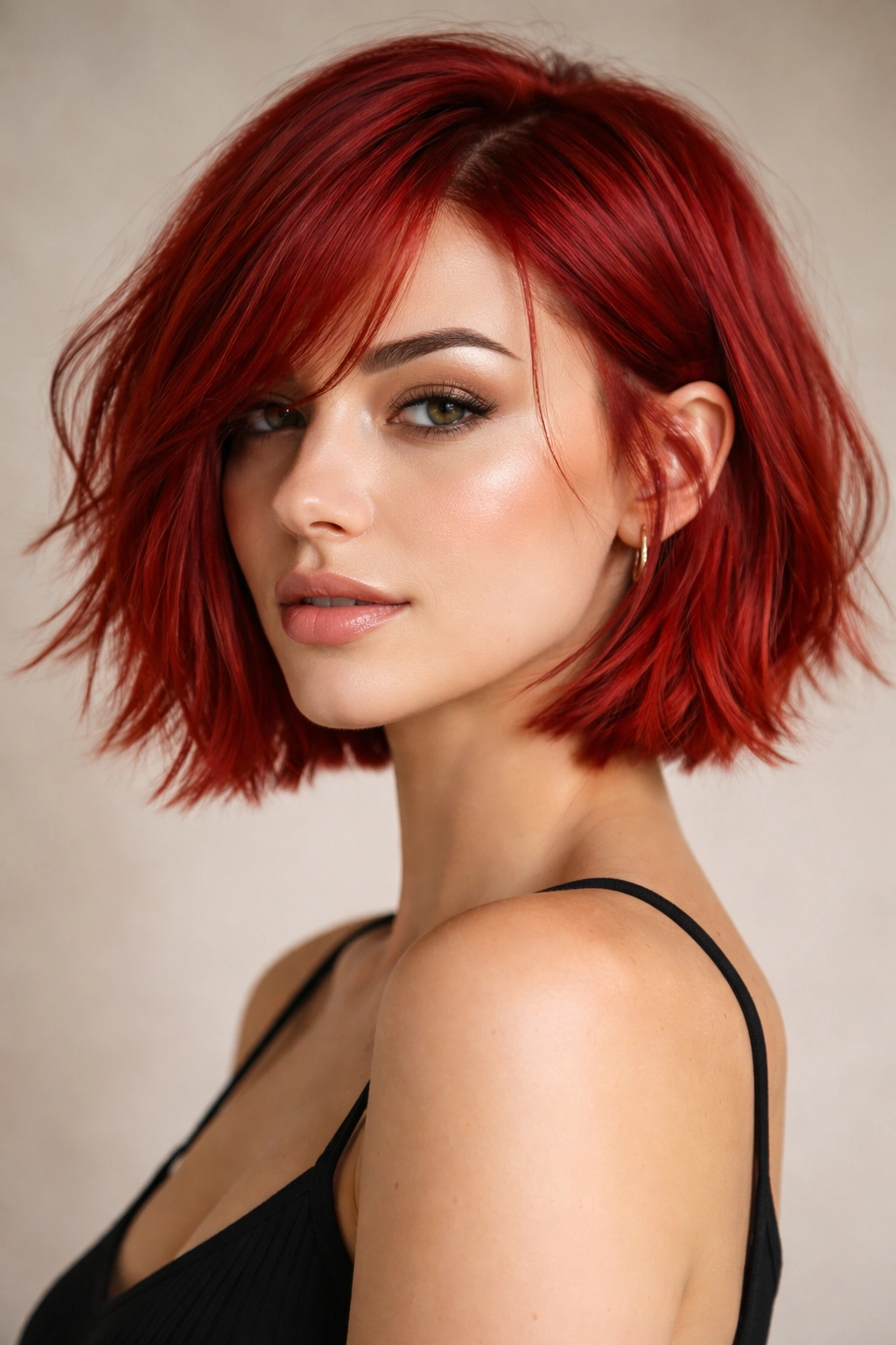 12 Short Red Haircuts That Always Turn Heads 4 Portrait of a person with a textured chin-length red bob with choppy ends.