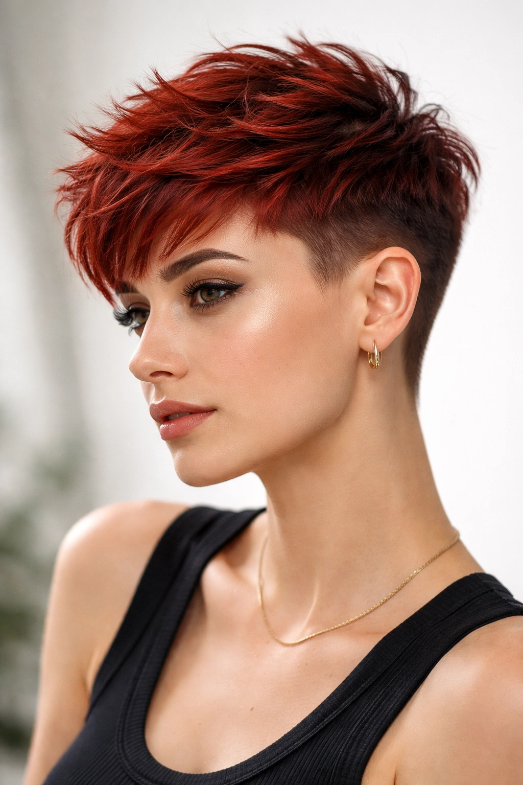 12 Short Red Haircuts That Always Turn Heads 2 Close-up of a person with a textured red crop and longer top, showing tapered sides.