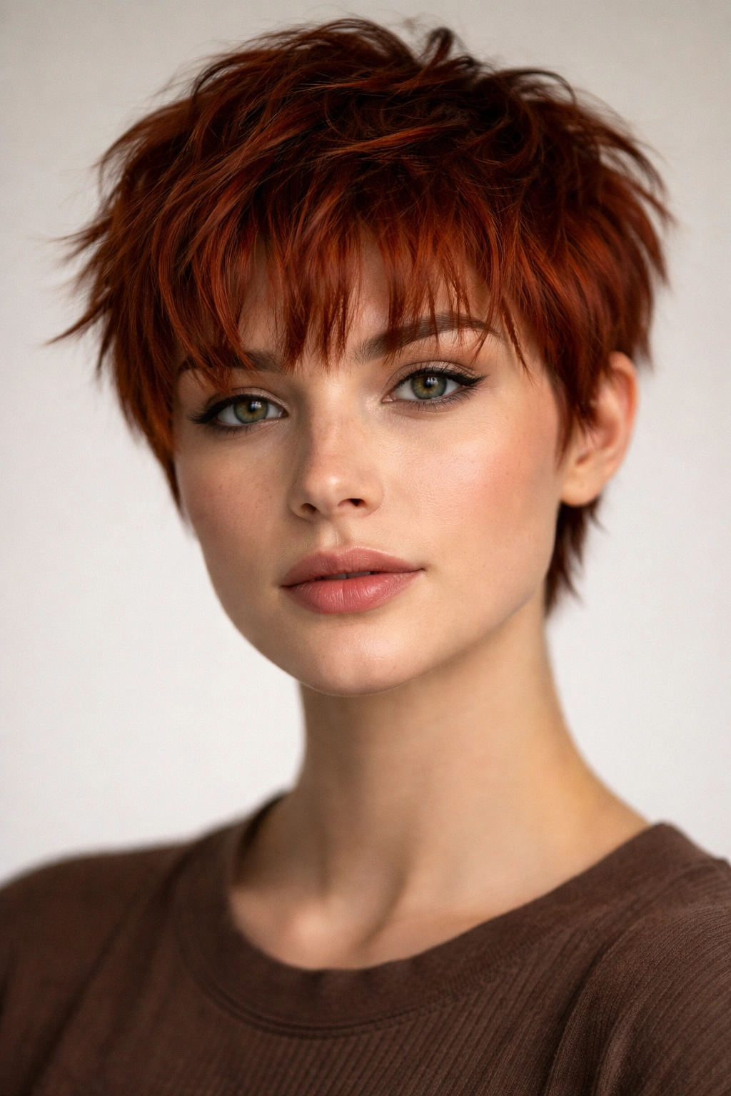 Red textured crop with messy bangs framing the eyebrows