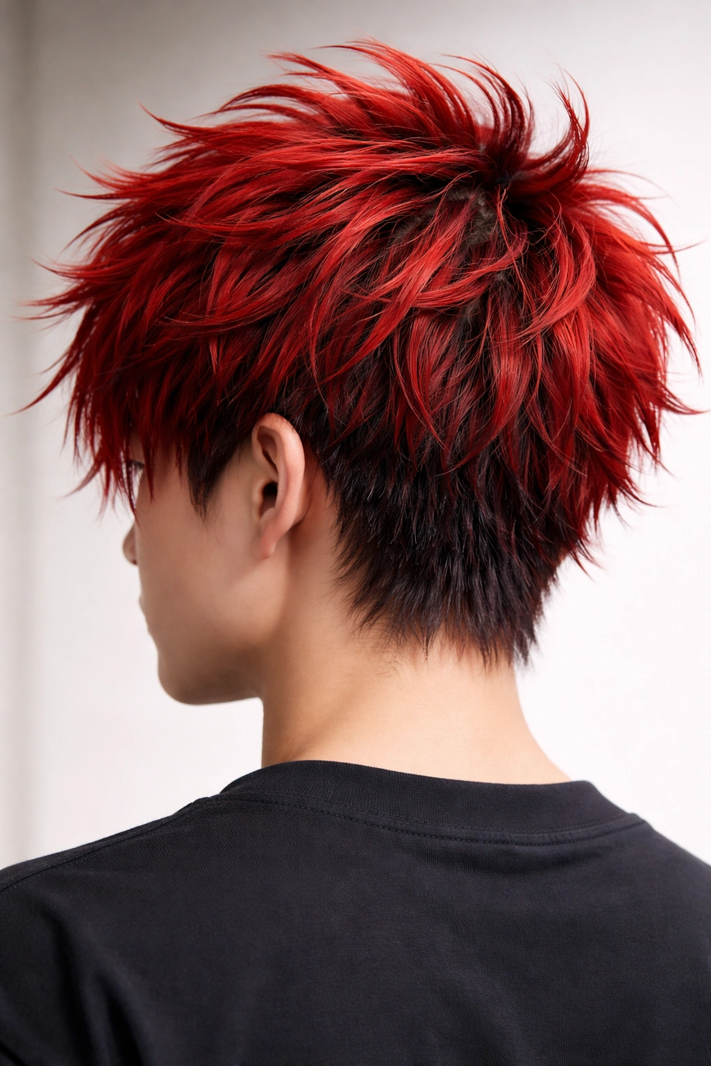 Portrait of a person with bright red tousled hair and layered texture