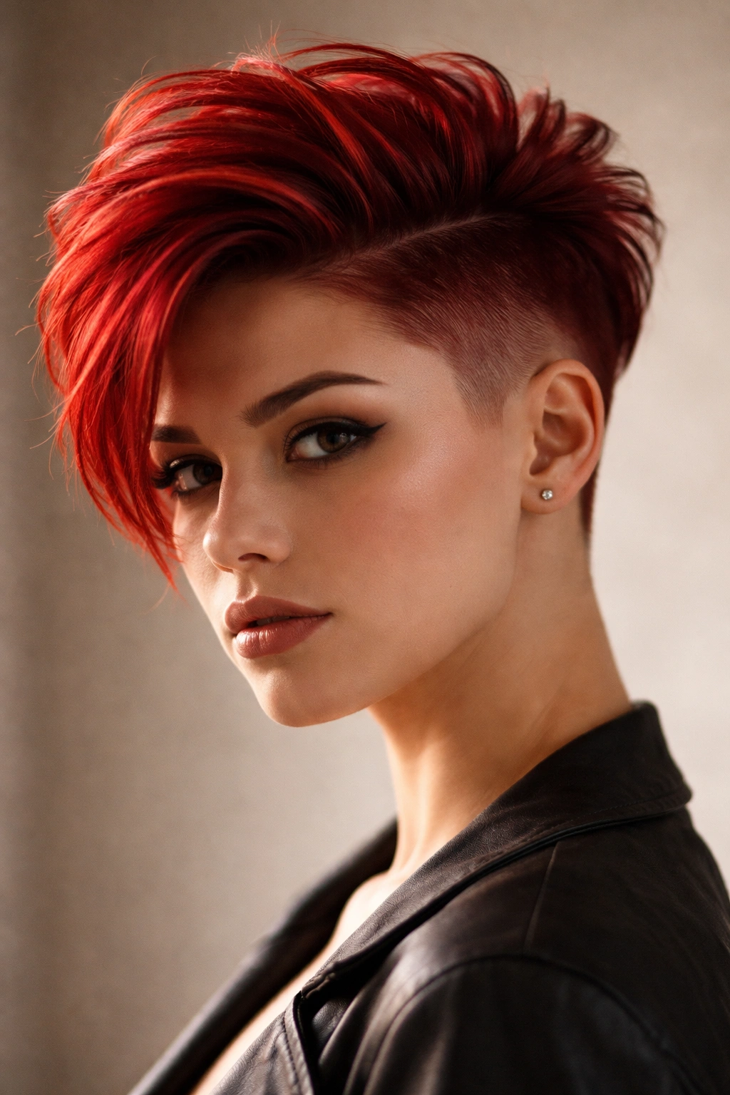 12 Short Red Haircuts That Always Turn Heads 7 Close-up portrait of bold red hair with a disconnected undercut (long top and shaved sides).