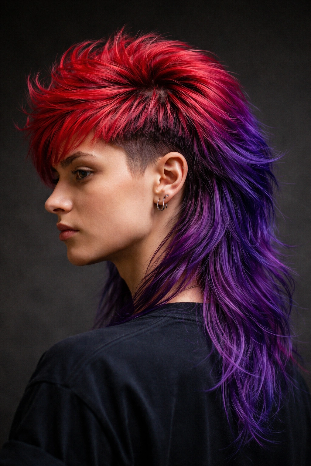 12 Colorful Mullet Haircuts To Inspire Your Next Cut 11 Close-up of red and violet mullet with jewel-like contrast under studio lighting