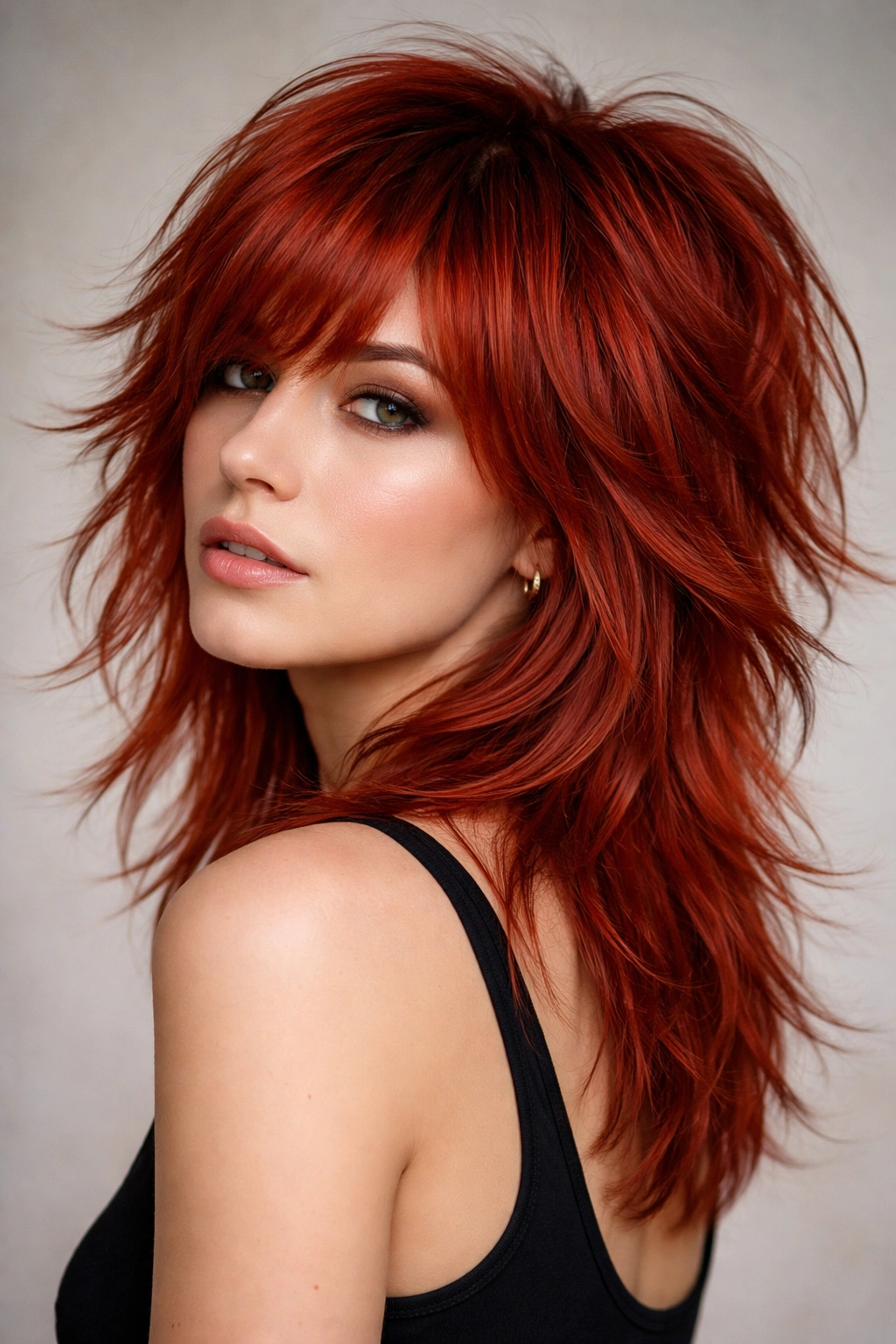 Red-haired model with voluminous wolf cut and choppy layers