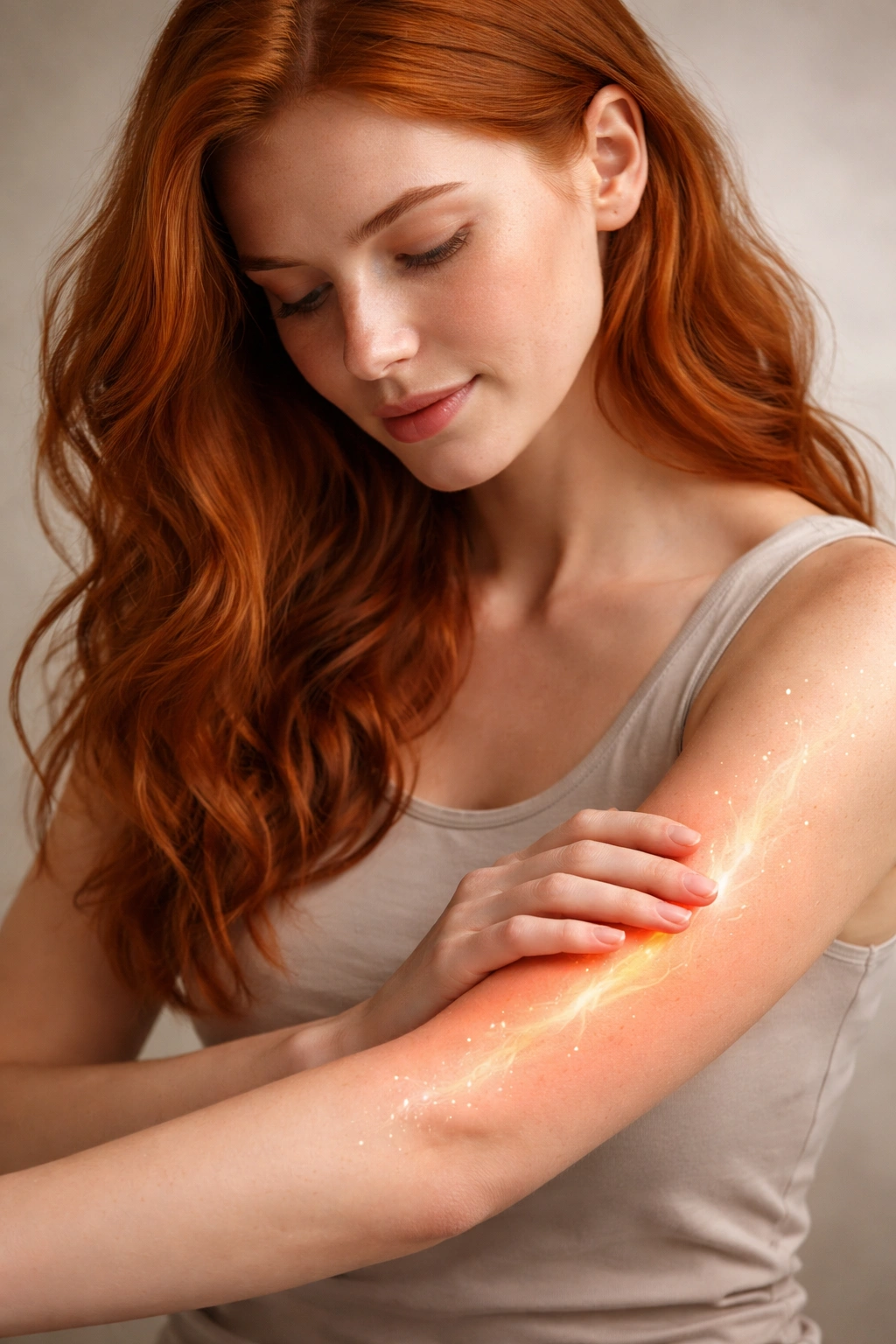 Redheaded person with forearm glow suggesting pain processing and anesthesia effects