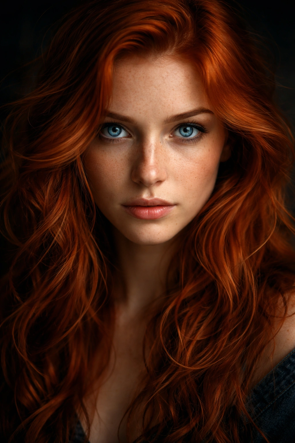Portrait of a redhead with blue eyes in dramatic lighting