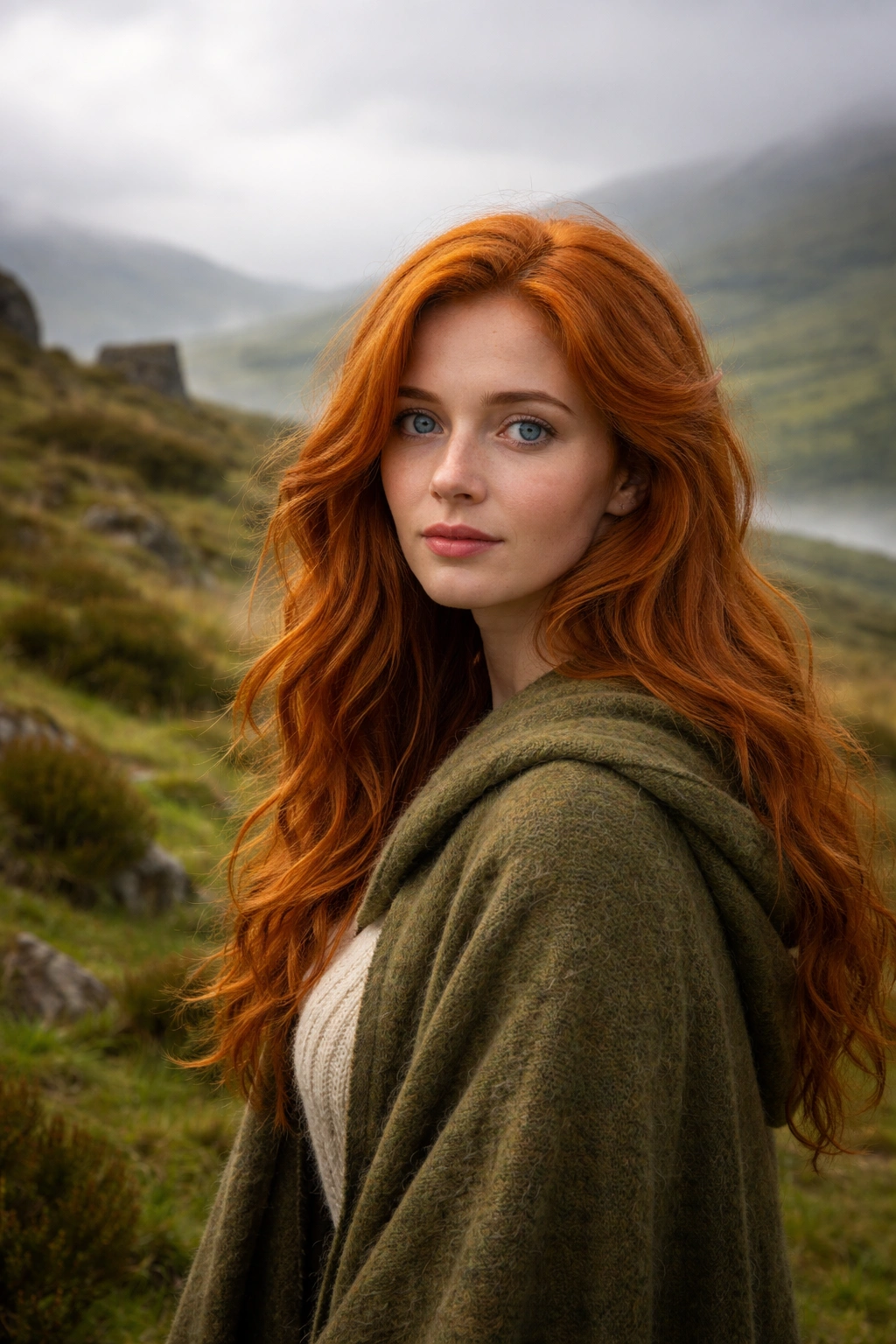 Red-haired person in a misty northern European landscape