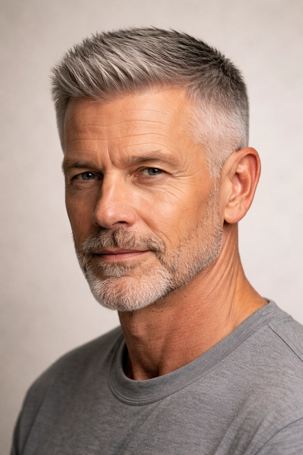 Close-up of refined crew cut with tapered sides on a man's head.