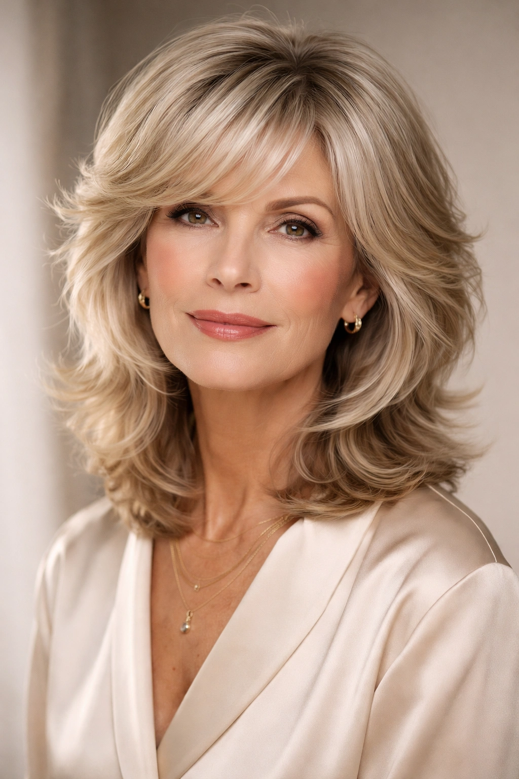 Mature woman with refined luxury shag showing precise layers and glossy finish
