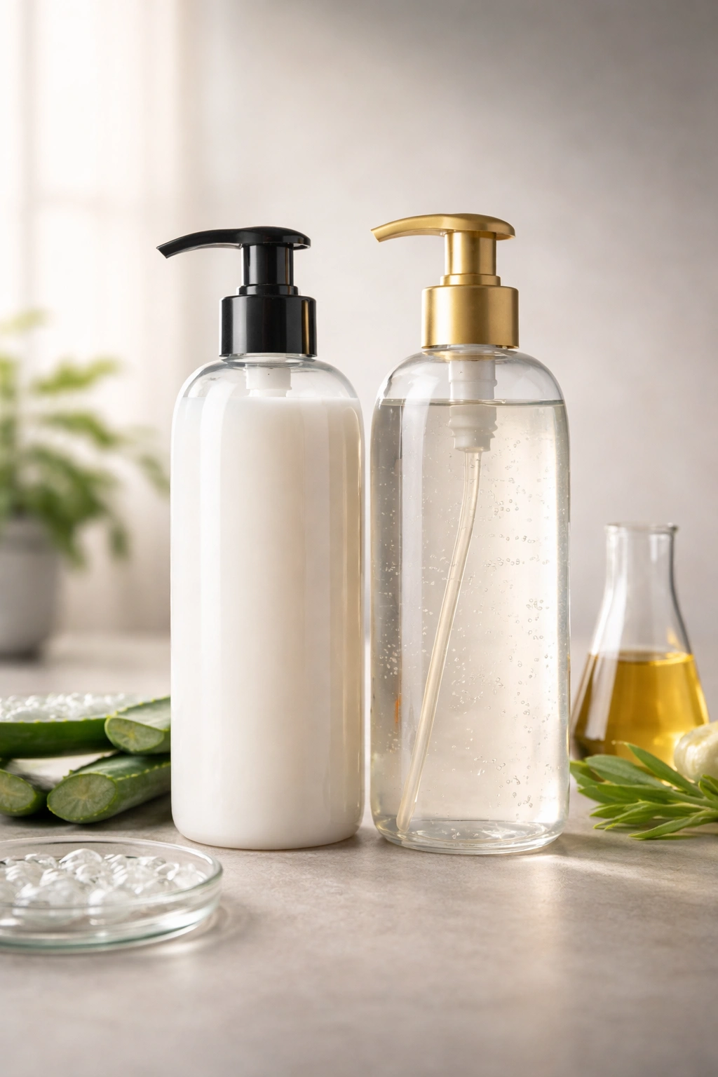 Two unlabeled shampoo bottles in a studio to illustrate product reformulation concept