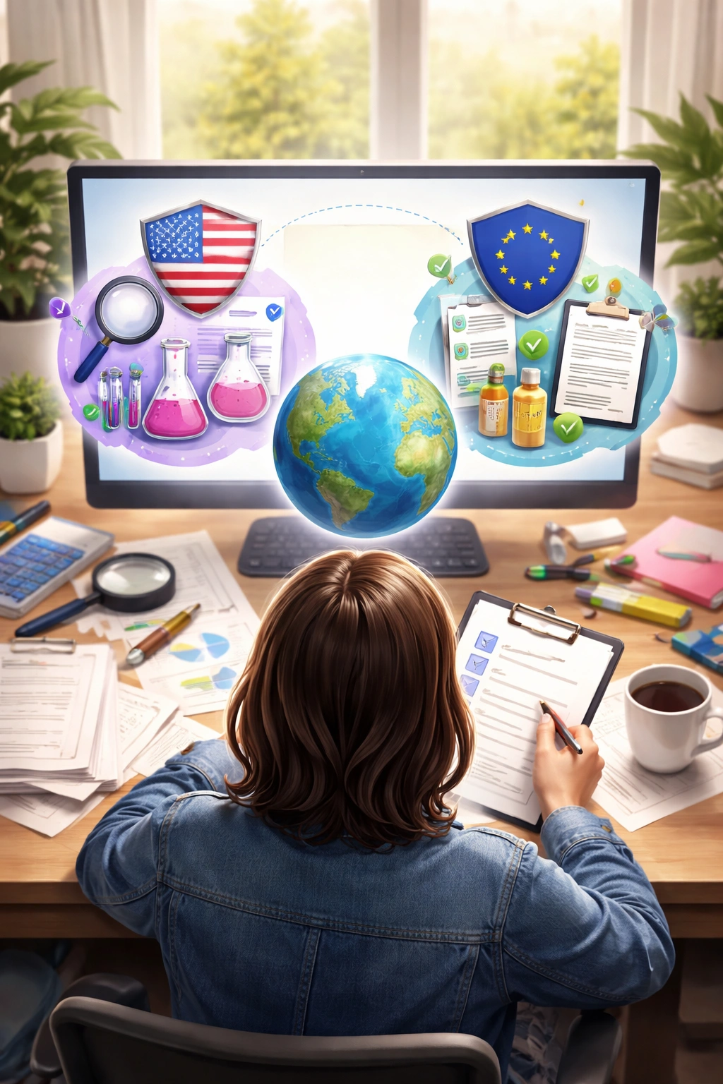 Person studying hair dye regulation with global symbols.