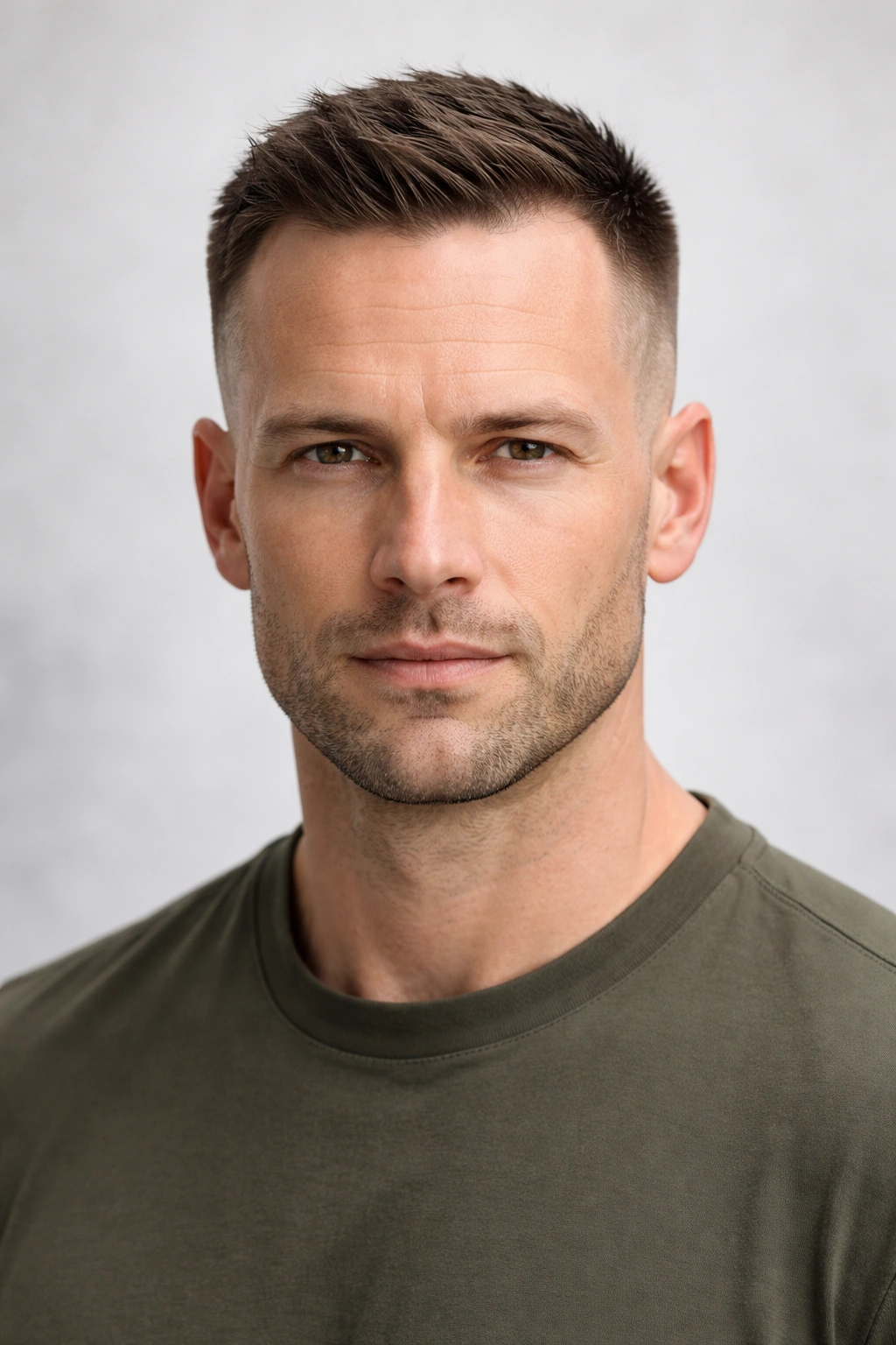 Portrait of a man with The Regulation Cut, short sides and longer top with a crisp line.