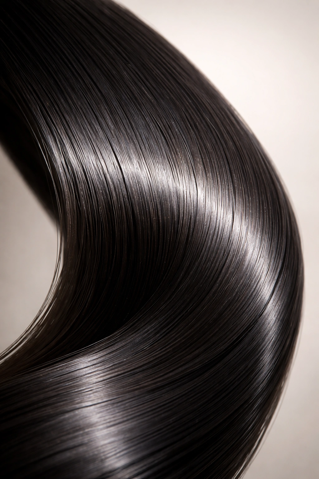 Close-up of a straight, glossy relaxed hair strand.