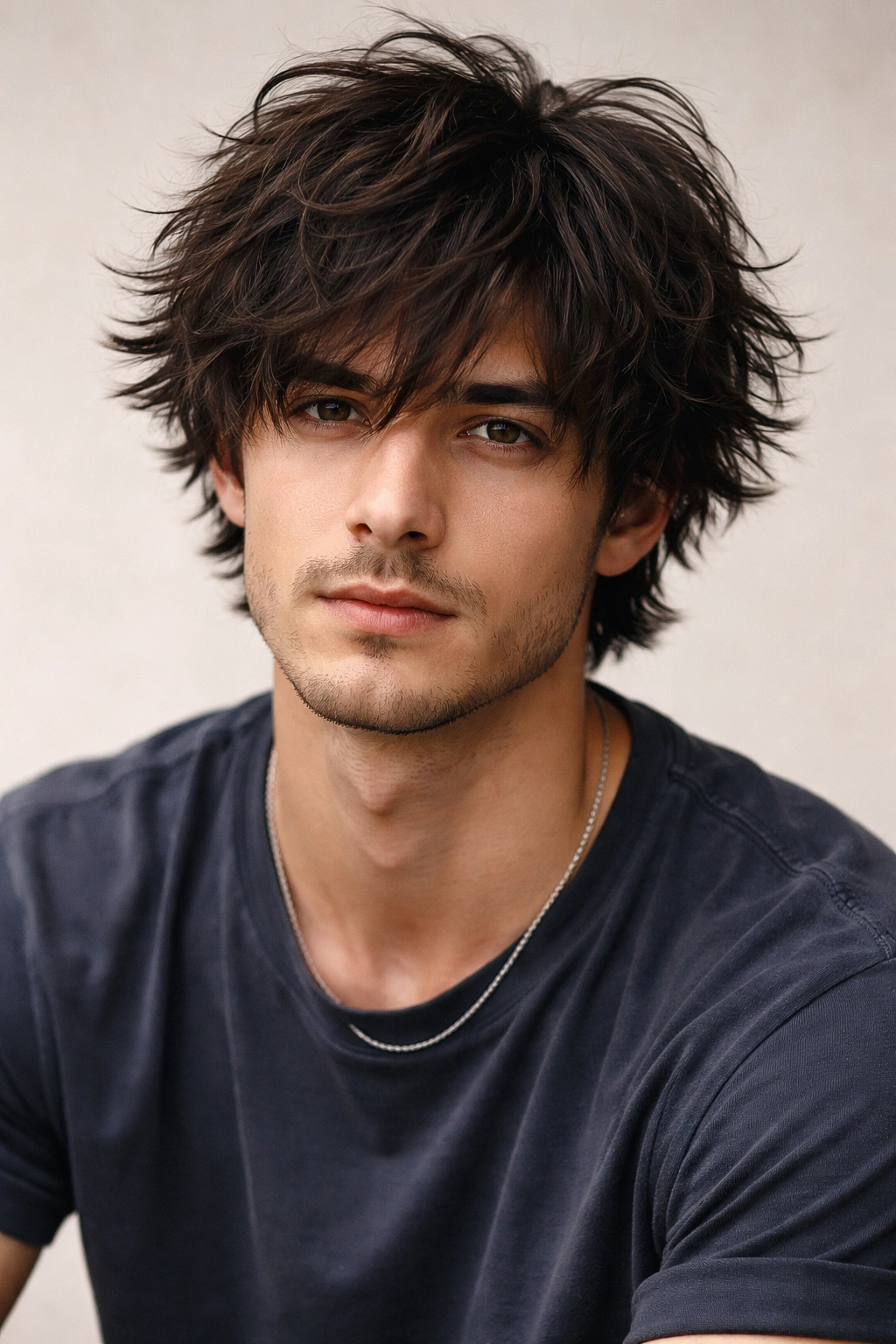 Portrait of a man with a medium-length relaxed shag and forehead-framing front pieces