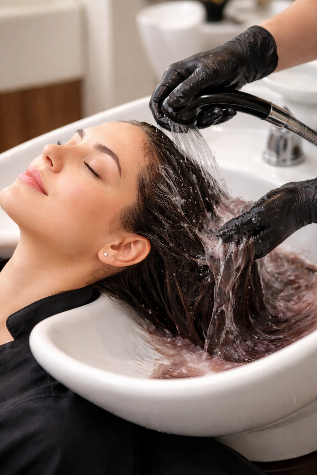 Rinsing hair at a salon sink to remove excess dye and residue