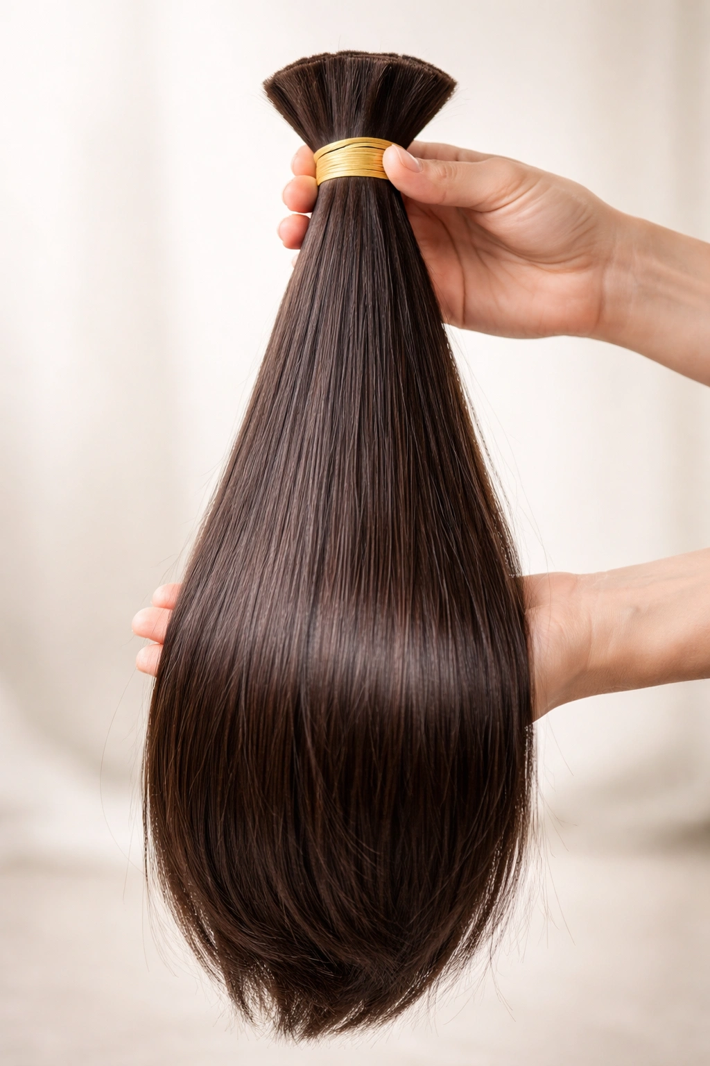 Neatly bound Remy hair ponytail showing directional collection