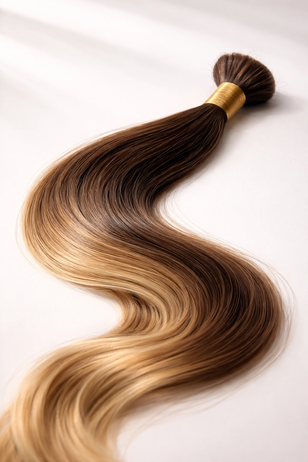 Close-up of high-quality Remy hair extension on a neutral background