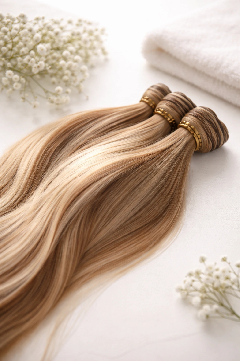 Close-up of Remy hair extensions with glossy, smooth strands