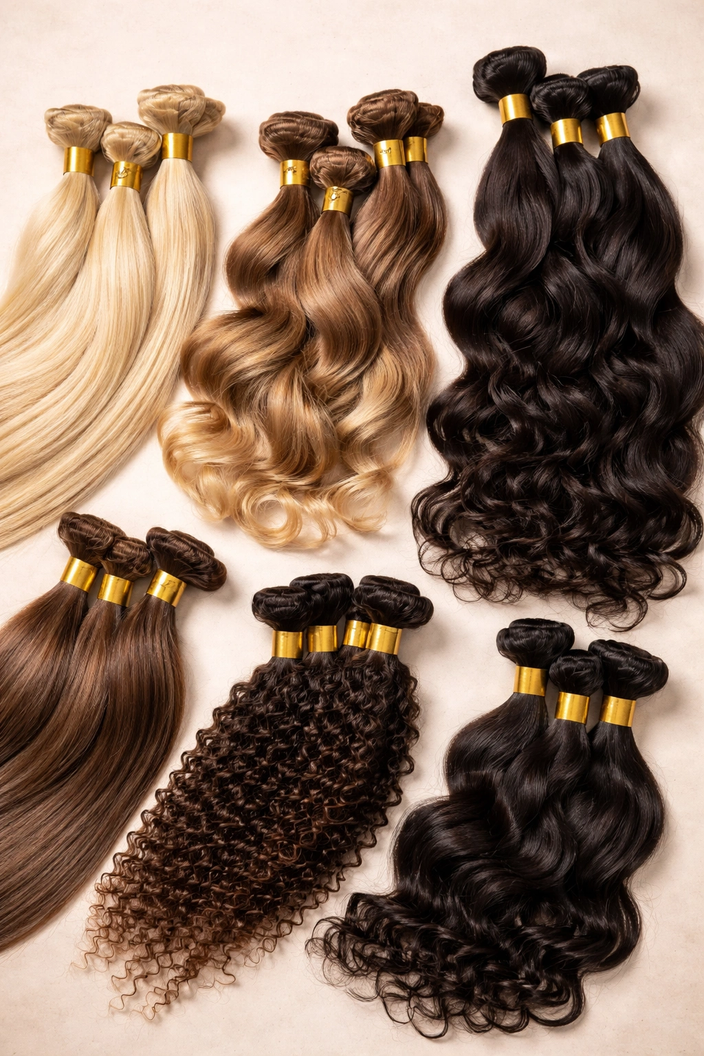 Multiple Remy hair bundles of different lengths and textures displayed on neutral surface