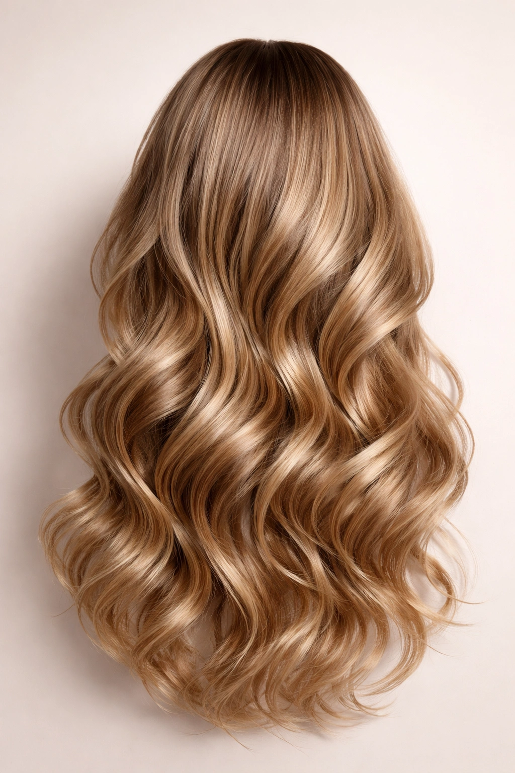Remy hair styled into soft waves on neutral backdrop
