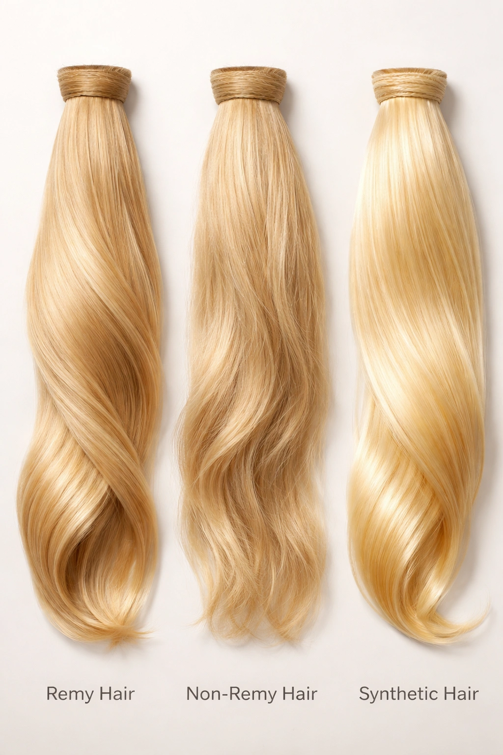 Three hair textures representing Remy, Non-Remy, and synthetic
