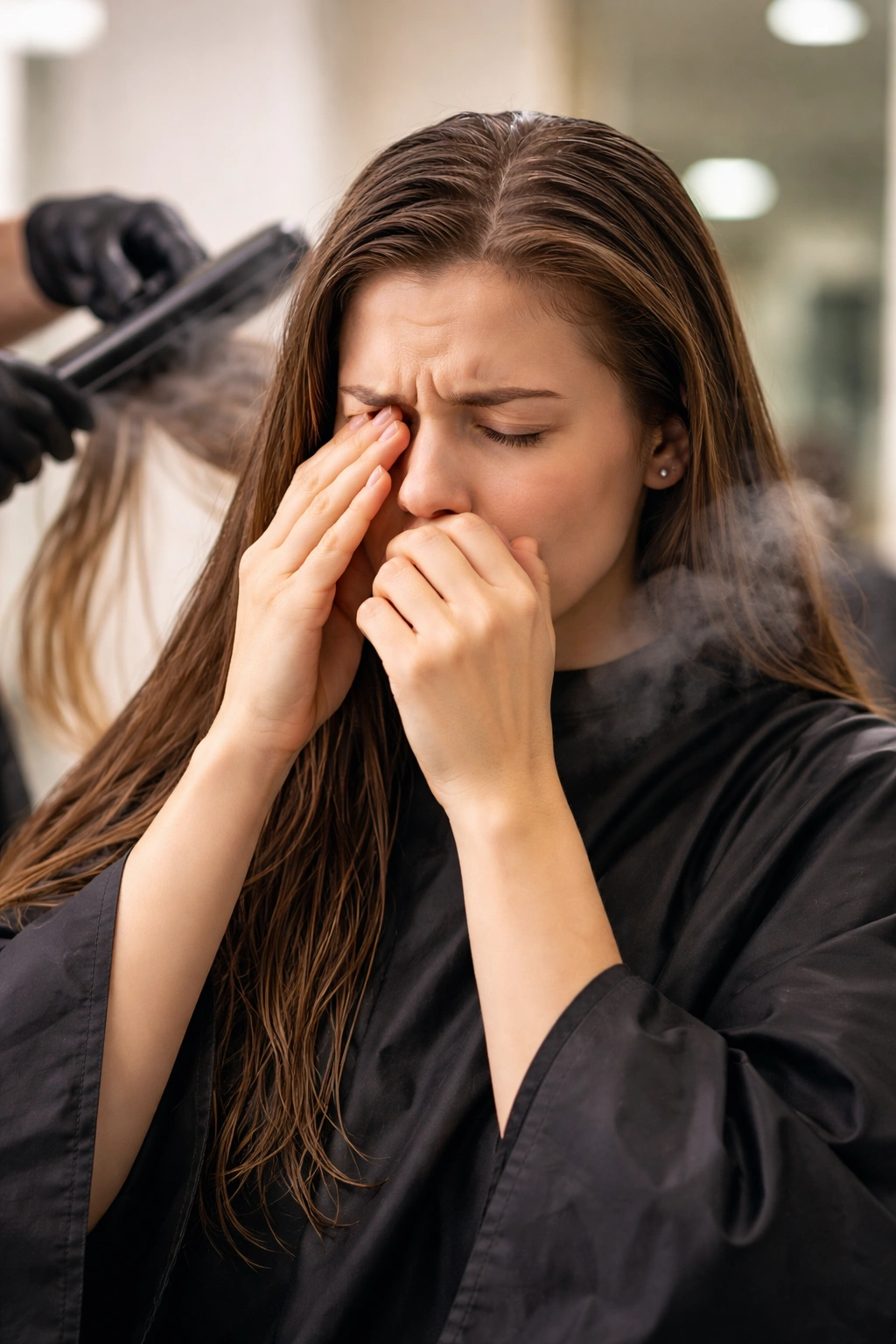 Person with watery eyes and mild breathing discomfort from salon fumes