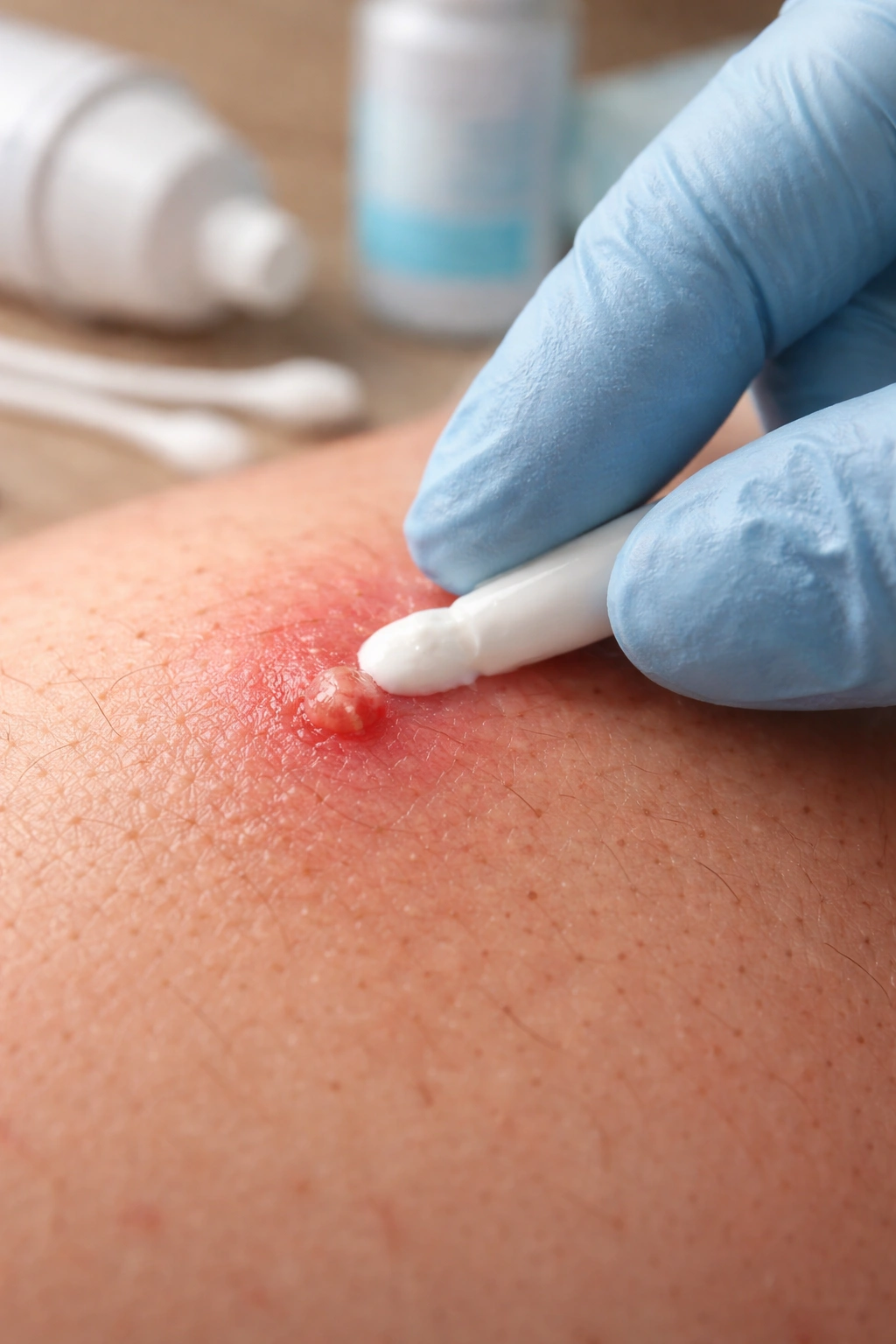 Gloved hand applying topical cream to inflamed skin.