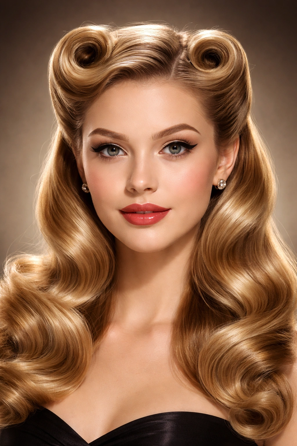 Frontal view of symmetrical victory rolls at the hairline
