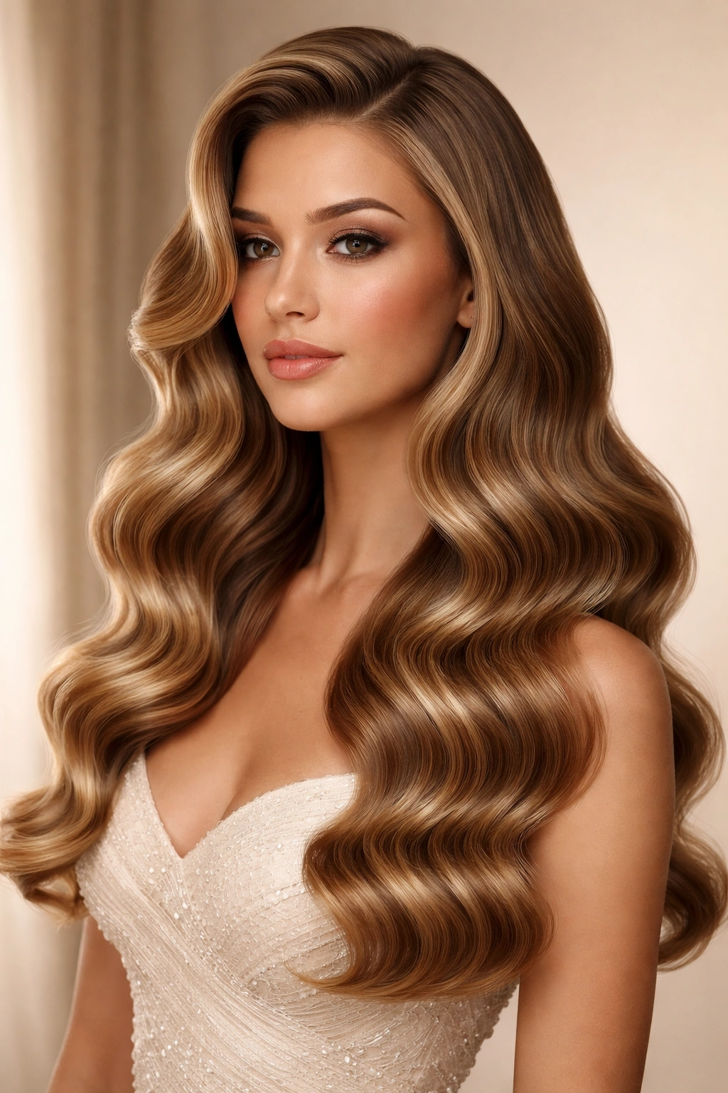 Long retro waves with polished Hollywood-style pattern on a neutral studio backdrop.