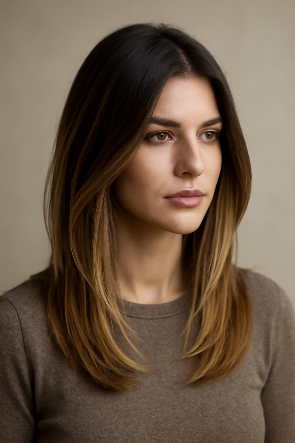 Reverse balayage with subtle layers showing color depth in a head-and-shoulders portrait