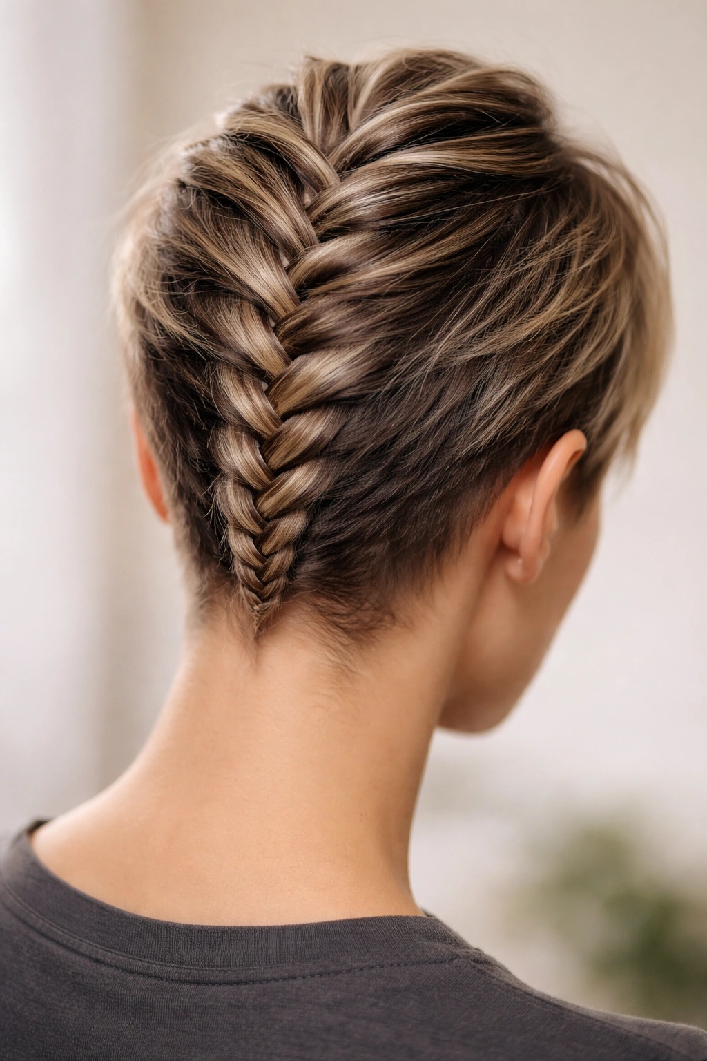 Close-up of a short hairstyle featuring a reverse braid rising from the nape toward the crown