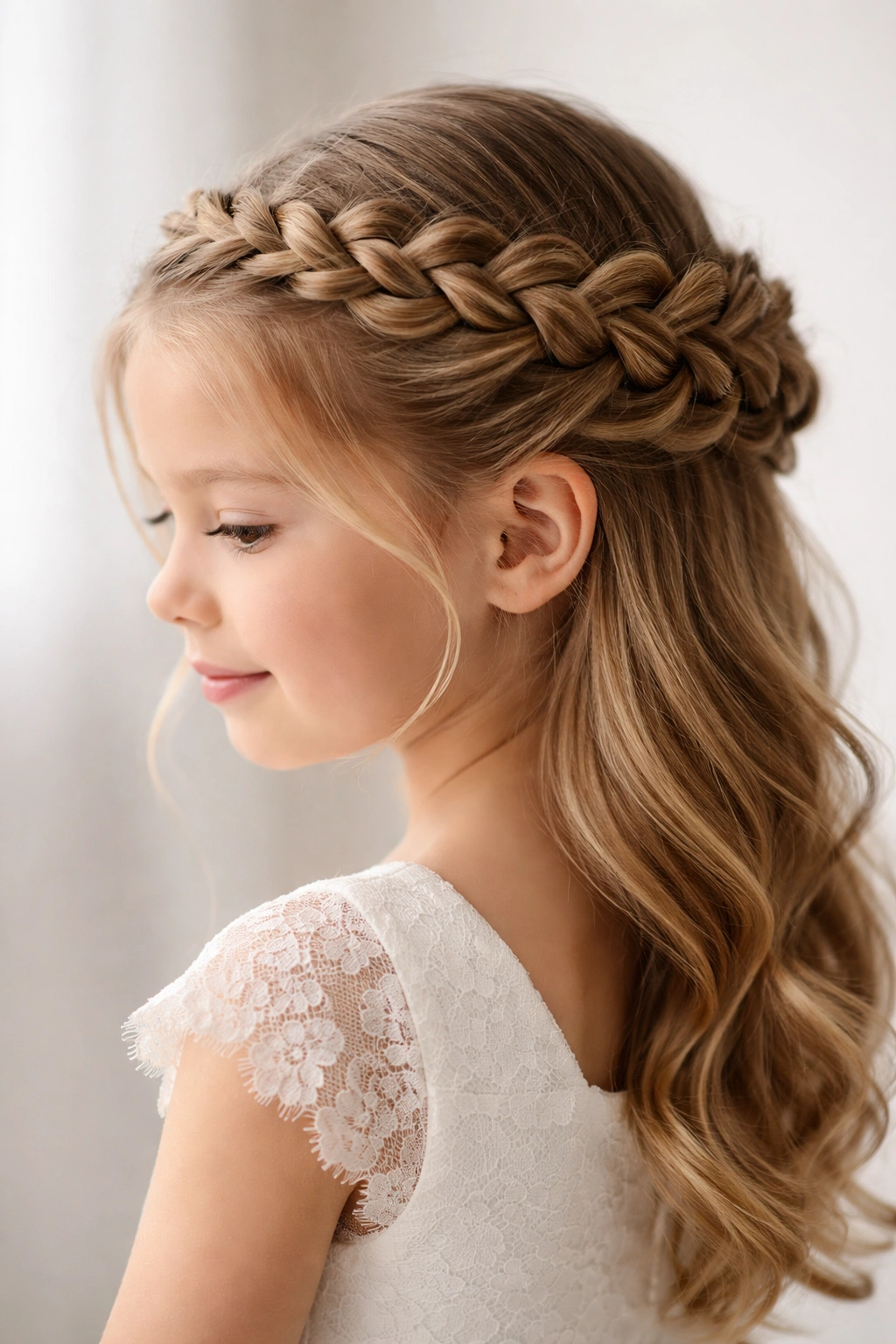 Profile of a girl with reverse crown Dutch braid around the head.