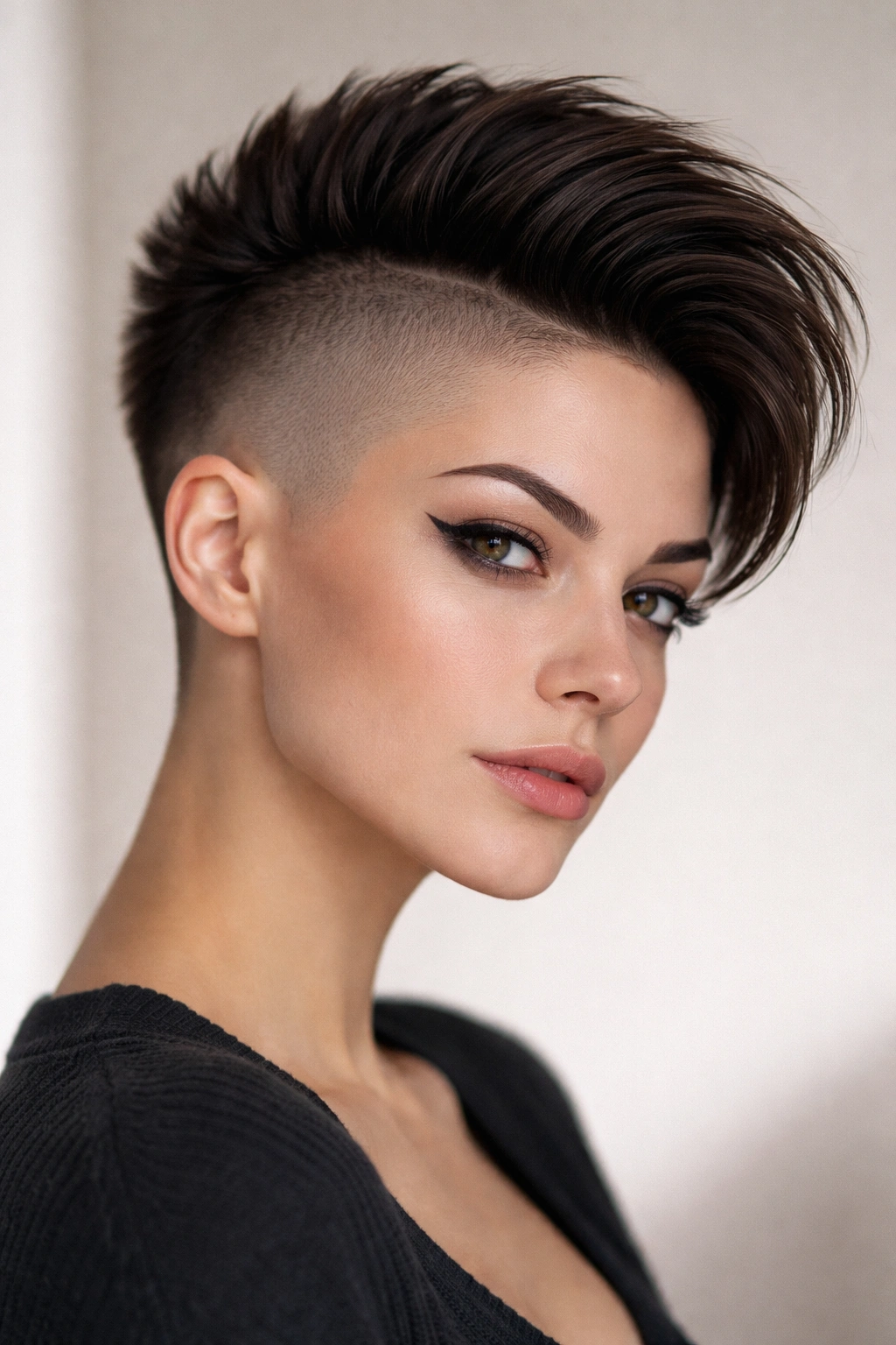10 Shaved Pixie Styles That Look Incredibly Sharp 7 Close-up portrait of a model with reverse fade pixie, shaved crown and voluminous sides