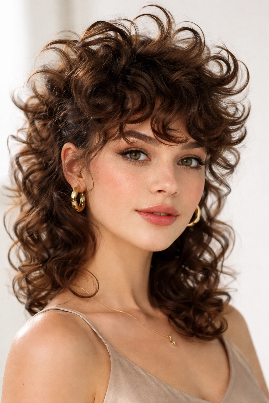 Reverse flip fringe with outward upward curls and crown volume