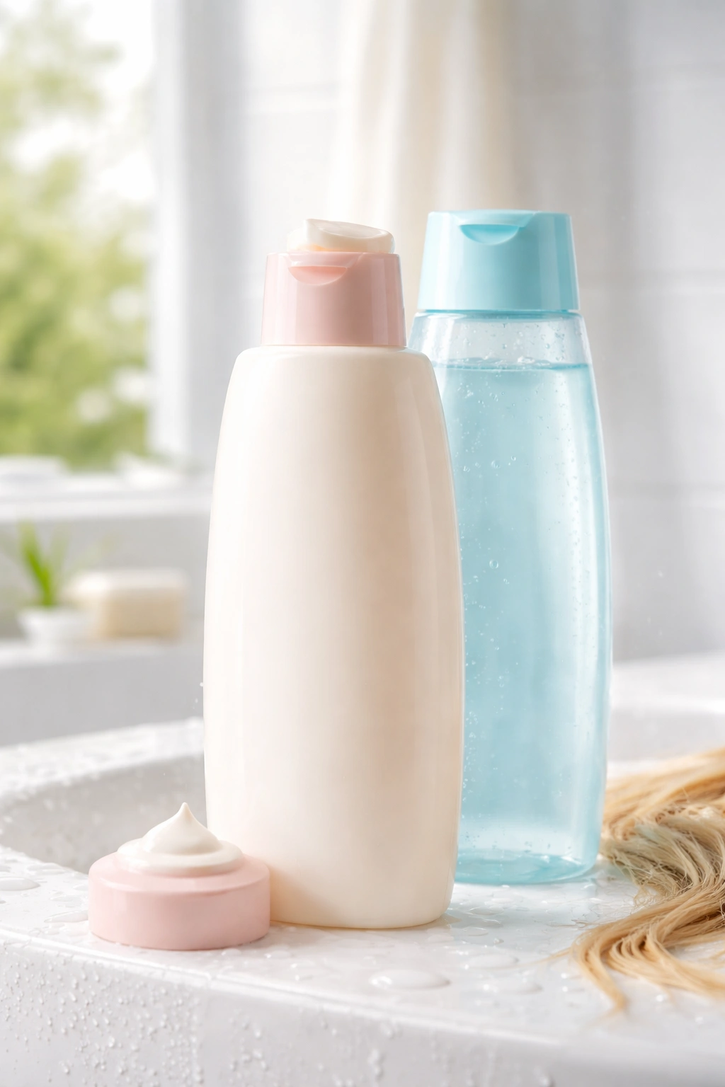 Conditioner bottle in front of a shampoo bottle in a shower