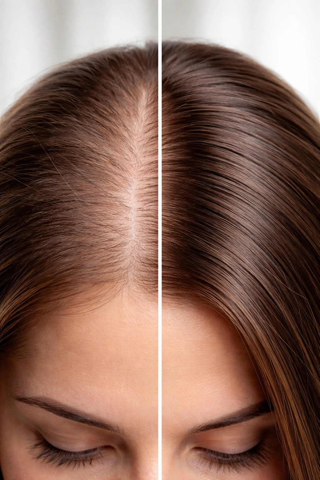 Scalp close-up showing regrowth progression from thinning to fuller hair