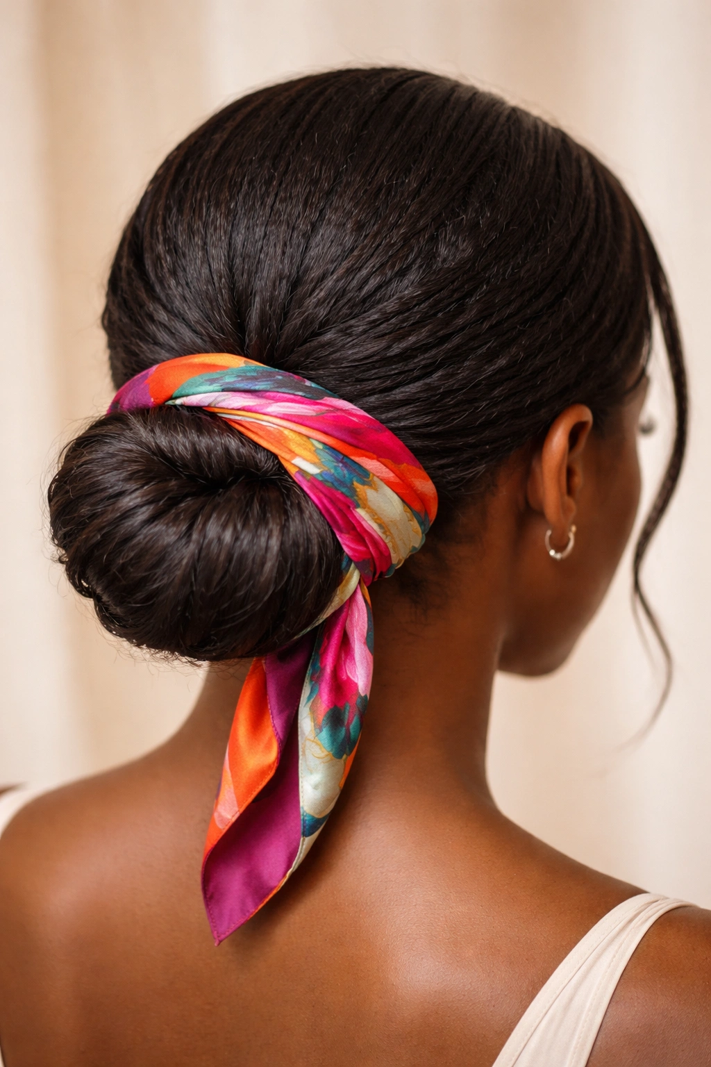 Low bun with colorful ribbon accent wrapped around base.