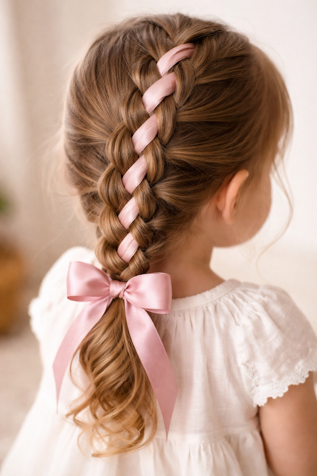 Close-up of a toddler's braid woven with a ribbon